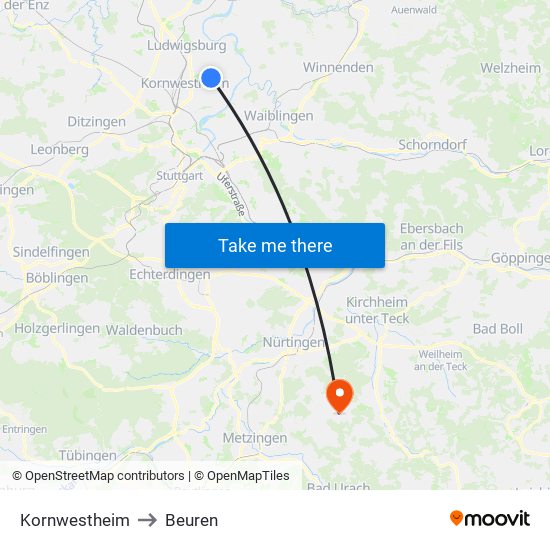 Kornwestheim to Beuren map