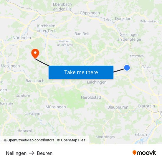 Nellingen to Beuren map