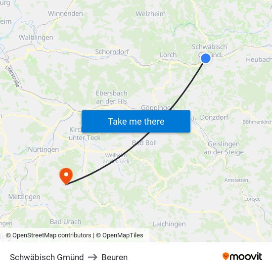 Schwäbisch Gmünd to Beuren map