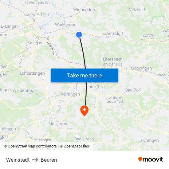 Weinstadt to Beuren map