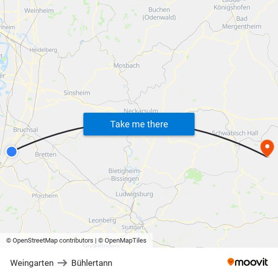 Weingarten to Bühlertann map