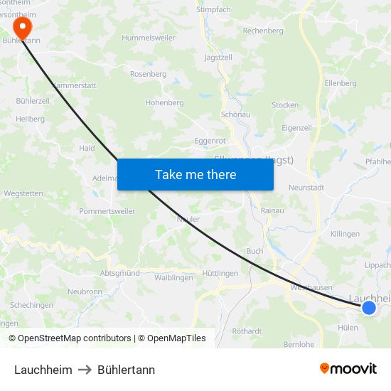 Lauchheim to Bühlertann map