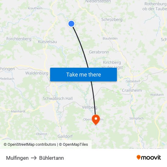 Mulfingen to Bühlertann map