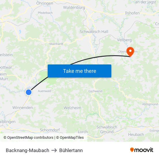 Backnang-Maubach to Bühlertann map