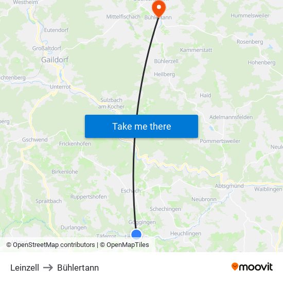 Leinzell to Bühlertann map