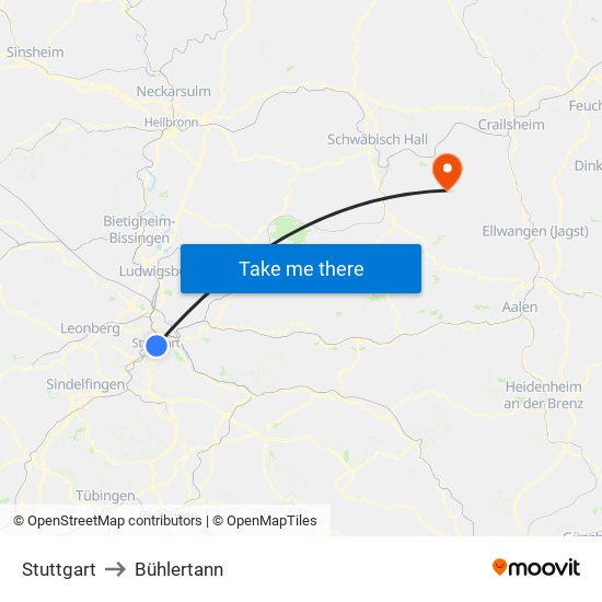 Stuttgart to Bühlertann map