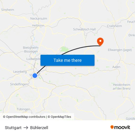 Stuttgart to Bühlerzell map