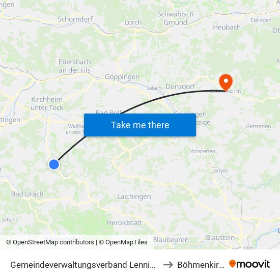 Gemeindeverwaltungsverband Lenningen to Böhmenkirch map