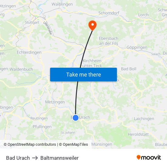 Bad Urach to Baltmannsweiler map