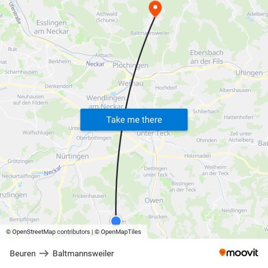 Beuren to Baltmannsweiler map