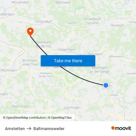 Amstetten to Baltmannsweiler map