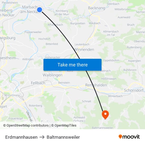 Erdmannhausen to Baltmannsweiler map