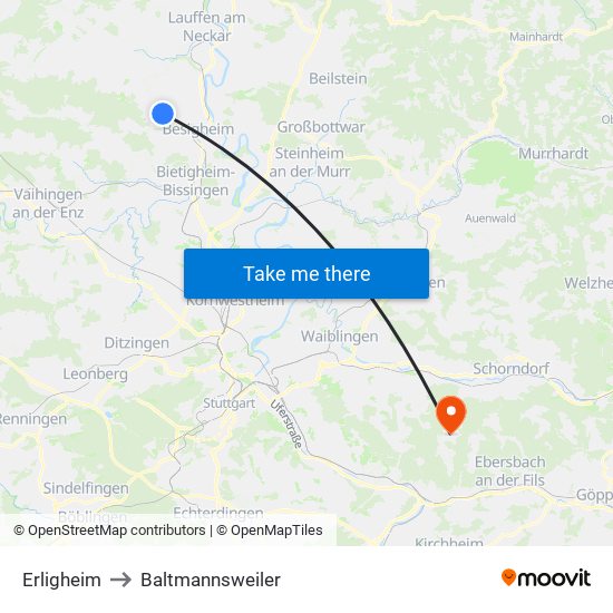 Erligheim to Baltmannsweiler map