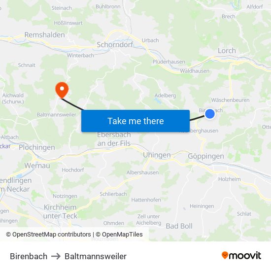Birenbach to Baltmannsweiler map