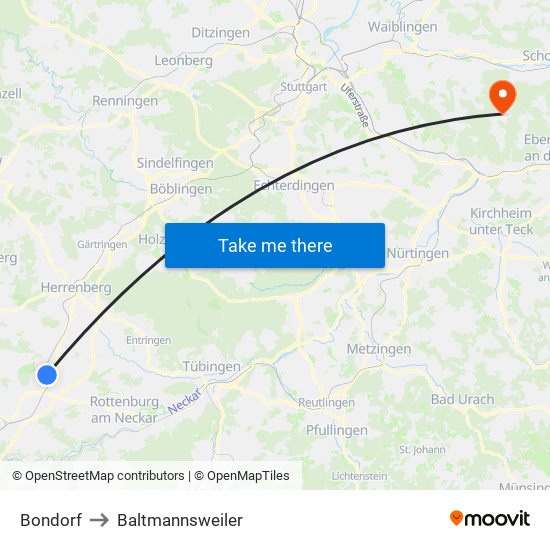 Bondorf to Baltmannsweiler map