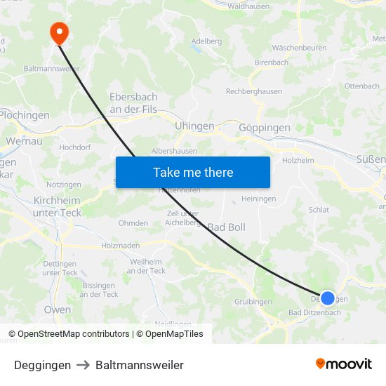 Deggingen to Baltmannsweiler map