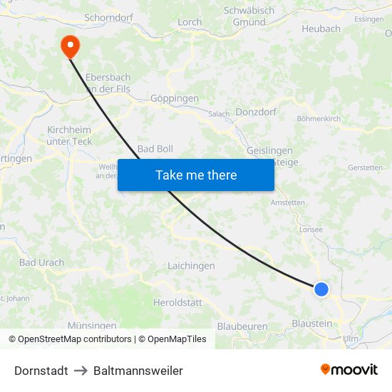 Dornstadt to Baltmannsweiler map