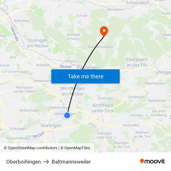 Oberboihingen to Baltmannsweiler map