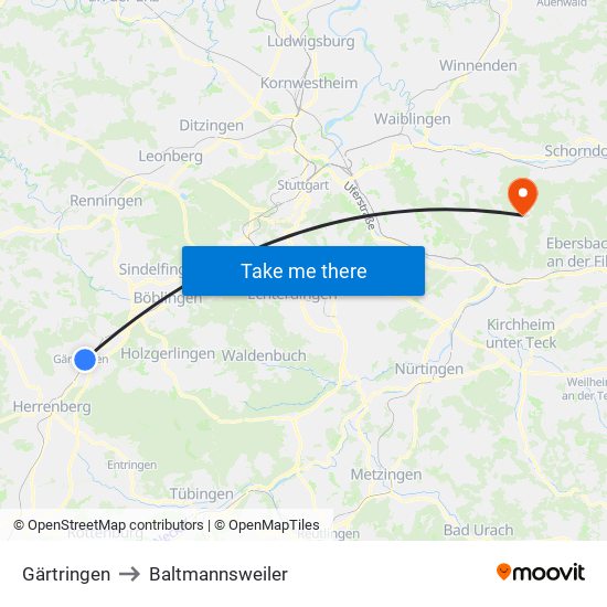 Gärtringen to Baltmannsweiler map