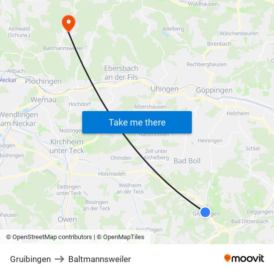 Gruibingen to Baltmannsweiler map