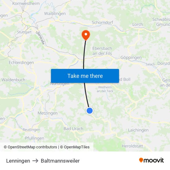Lenningen to Baltmannsweiler map