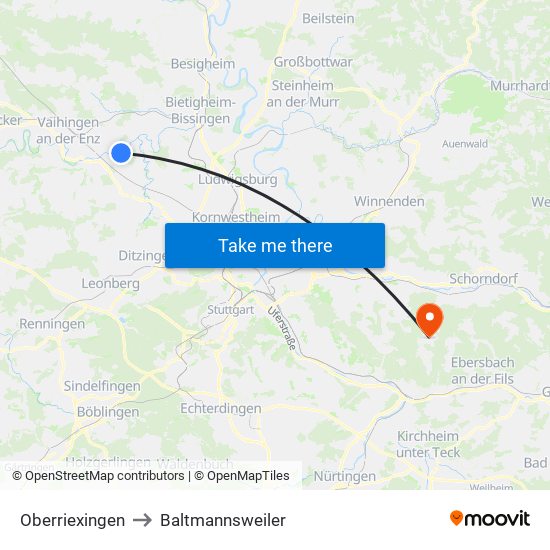 Oberriexingen to Baltmannsweiler map