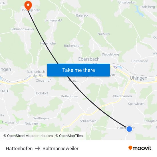 Hattenhofen to Baltmannsweiler map