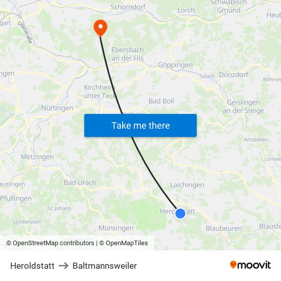 Heroldstatt to Baltmannsweiler map