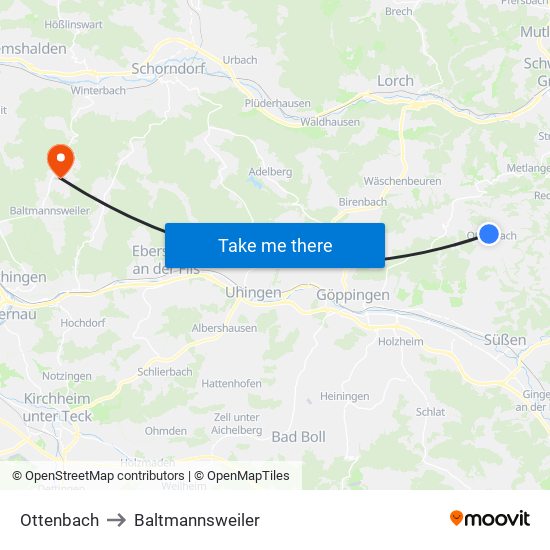 Ottenbach to Baltmannsweiler map