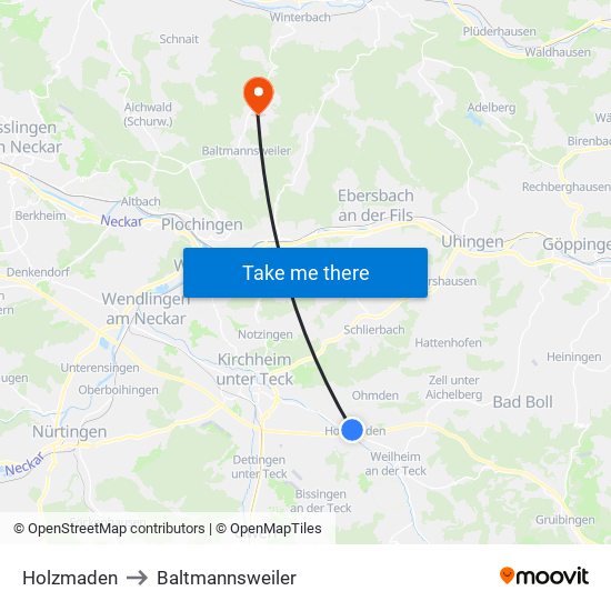 Holzmaden to Baltmannsweiler map