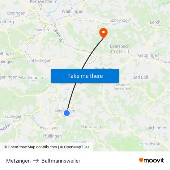 Metzingen to Baltmannsweiler map