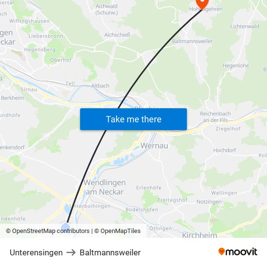 Unterensingen to Baltmannsweiler map