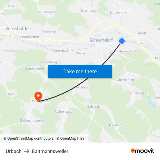 Urbach to Baltmannsweiler map