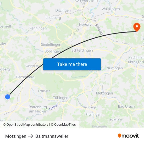 Mötzingen to Baltmannsweiler map