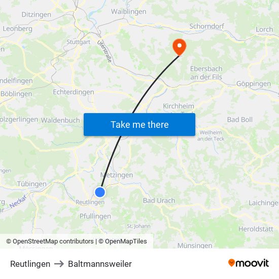 Reutlingen to Baltmannsweiler map