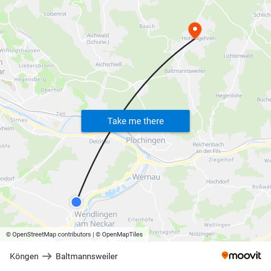 Köngen to Baltmannsweiler map
