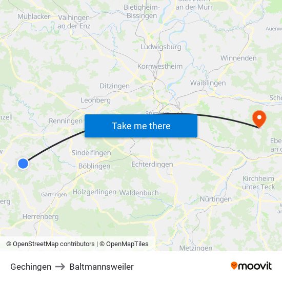 Gechingen to Baltmannsweiler map