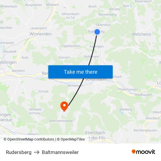 Rudersberg to Baltmannsweiler map