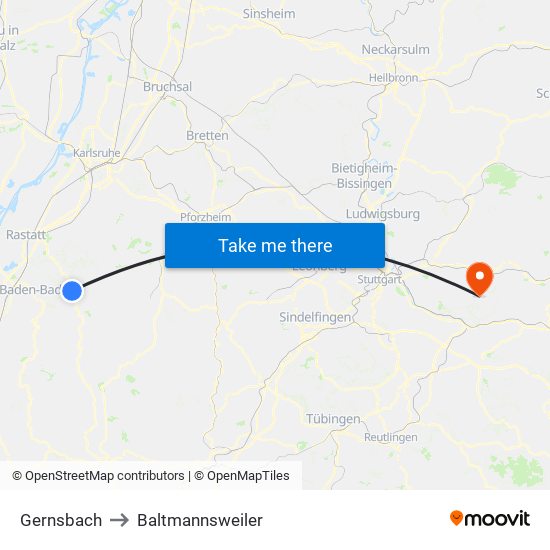 Gernsbach to Baltmannsweiler map