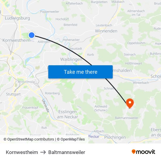 Kornwestheim to Baltmannsweiler map