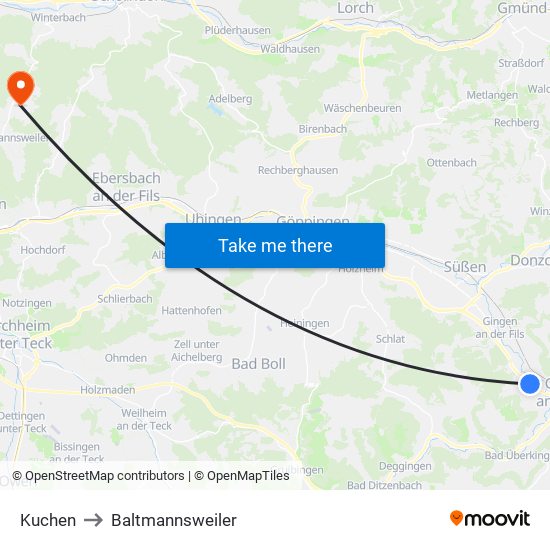 Kuchen to Baltmannsweiler map