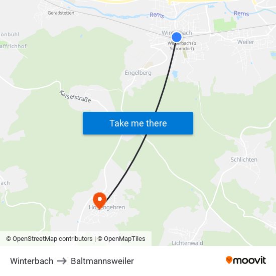 Winterbach to Baltmannsweiler map