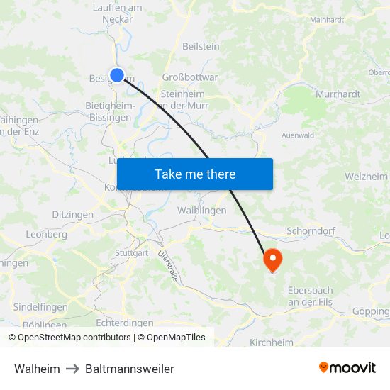 Walheim to Baltmannsweiler map