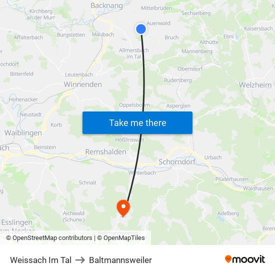 Weissach Im Tal to Baltmannsweiler map