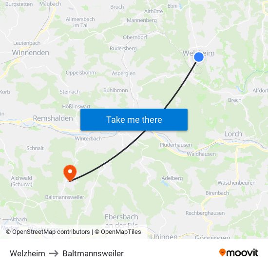Welzheim to Baltmannsweiler map