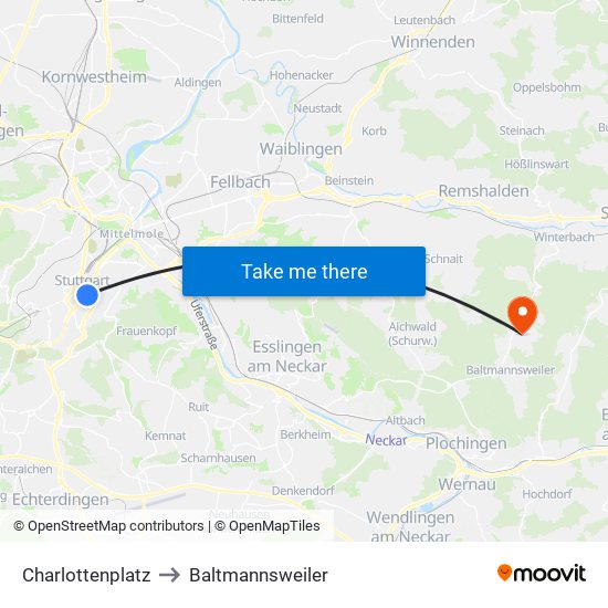 Charlottenplatz to Baltmannsweiler map