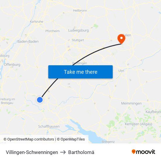 Villingen-Schwenningen to Bartholomä map