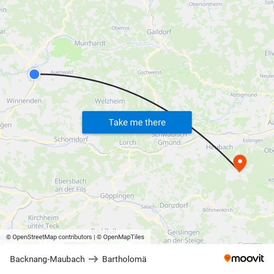 Backnang-Maubach to Bartholomä map