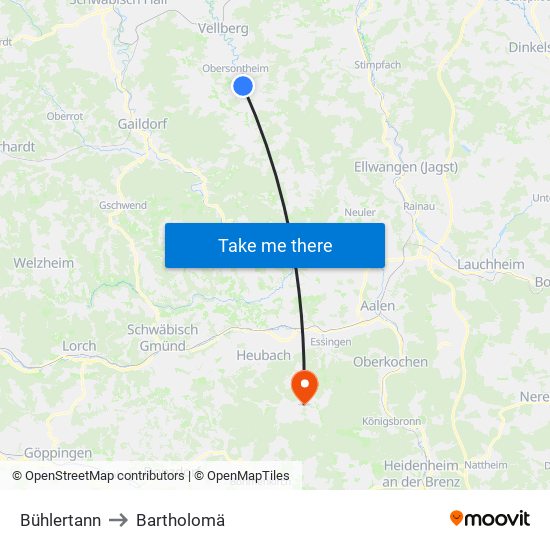 Bühlertann to Bartholomä map
