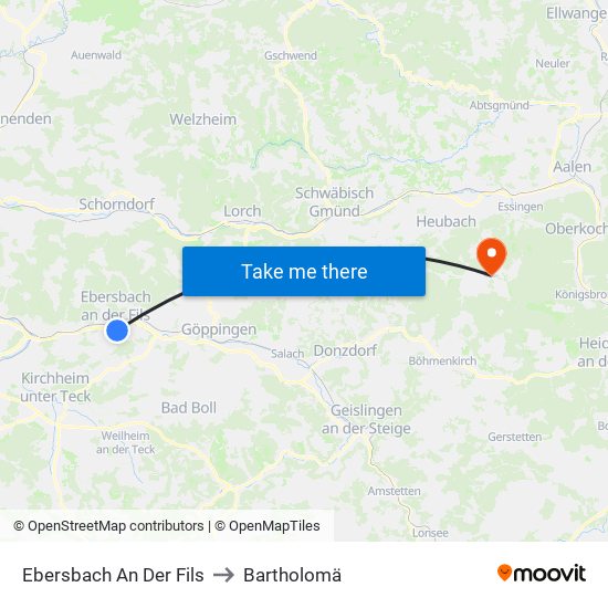 Ebersbach An Der Fils to Bartholomä map